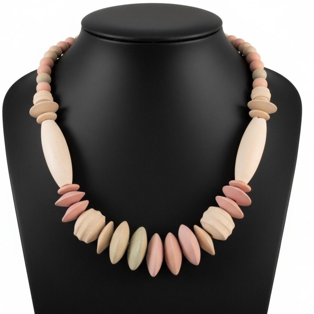 Vintage Postmodern Pastel Wood Statement Chunky Bead Necklace Scandinavian Style